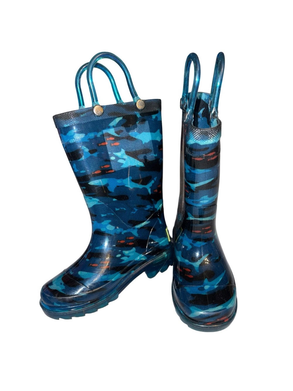 Blue Camo Kids Rain Boots with Pull Handles